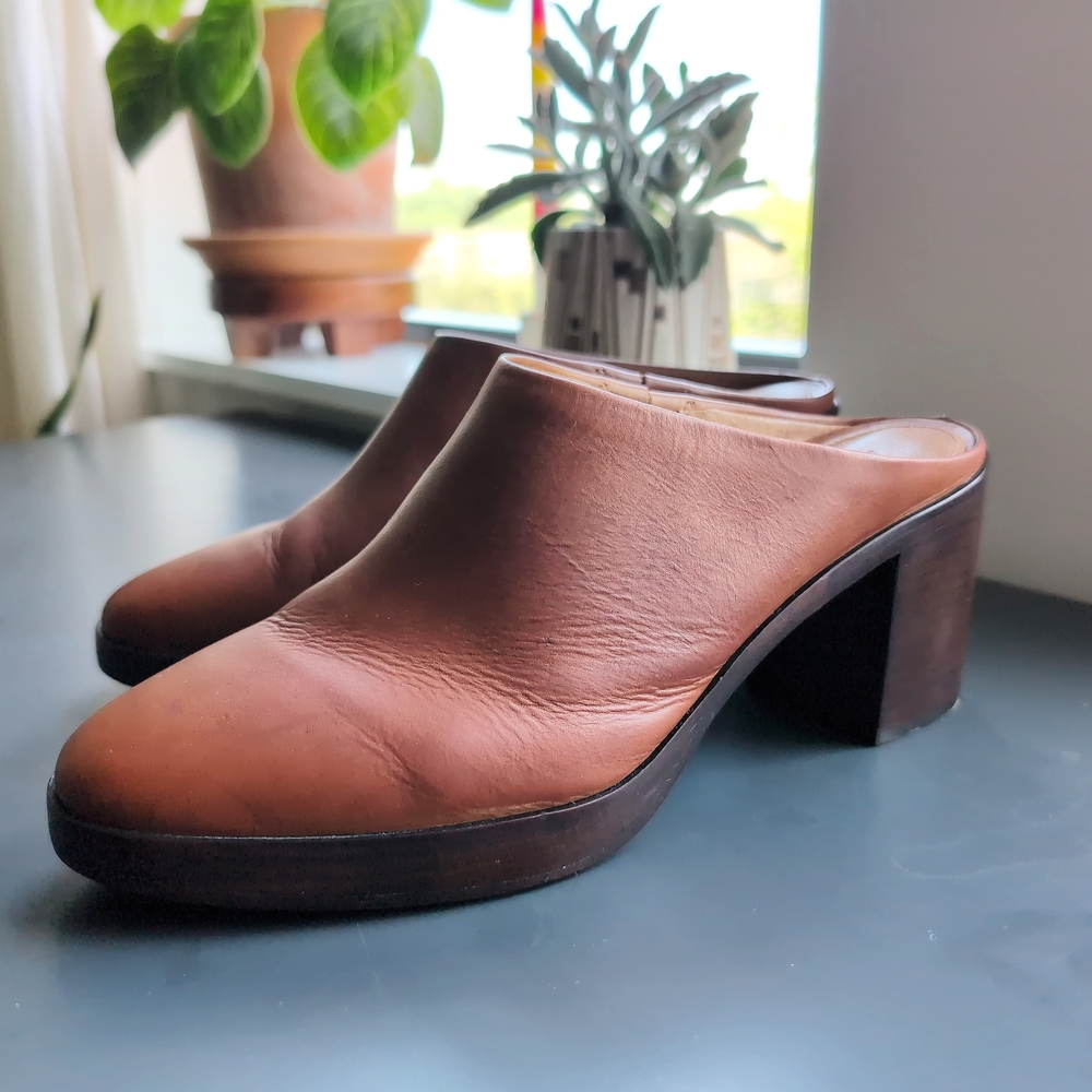 Frye Brown Leather Mules with Block Heel